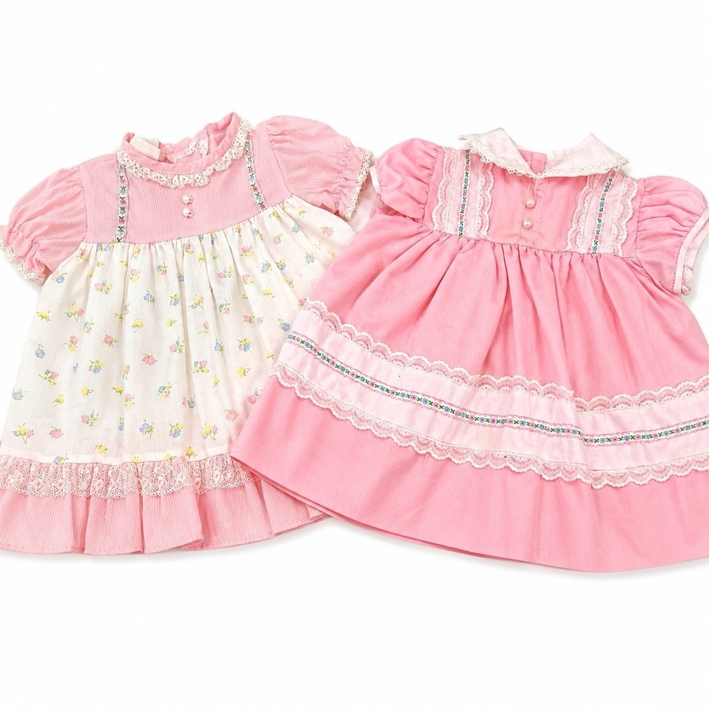 Vintage Baby Dresses Girls 6-9M Pink Coquette Lace Floral Ruffle Cottagecore
